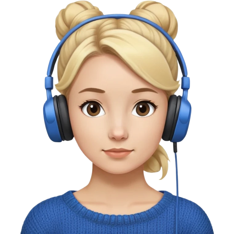 a girl with blue knitwear with a blonde hair bun and her job is a podcaster  emoji
