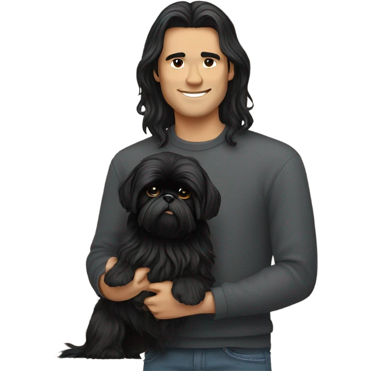 Guy with long black hair with a black shih tzu emoji