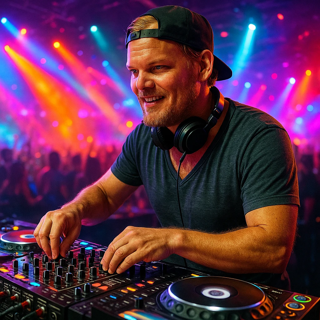 Avicii age 36 DJ at turntables in vibrant club scene with dynamic lighting emoji