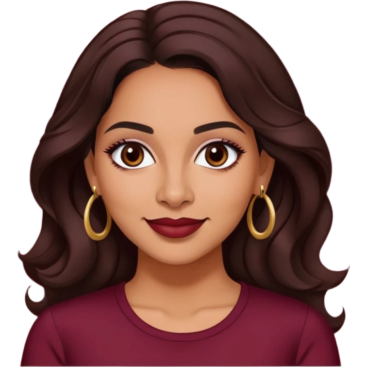 Puerto Rican actress Lynette Torres, woman with warm brown skin, attractive elegant features, expressive dark eyes, well-defined eyebrows, straight nose, friendly smile, long dark wavy hair, wearing a fashionable burgundy top emoji