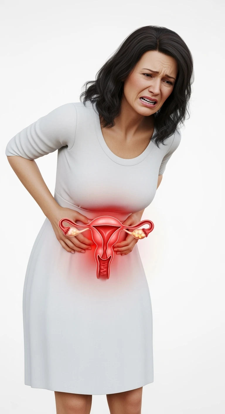 donna a figura intera con utero umano realistico in 3d in evidenza dolorante, espressione di dolore in volto, sfondo bianco, non farla computerizzata, ma iperrealistica 4k emoji