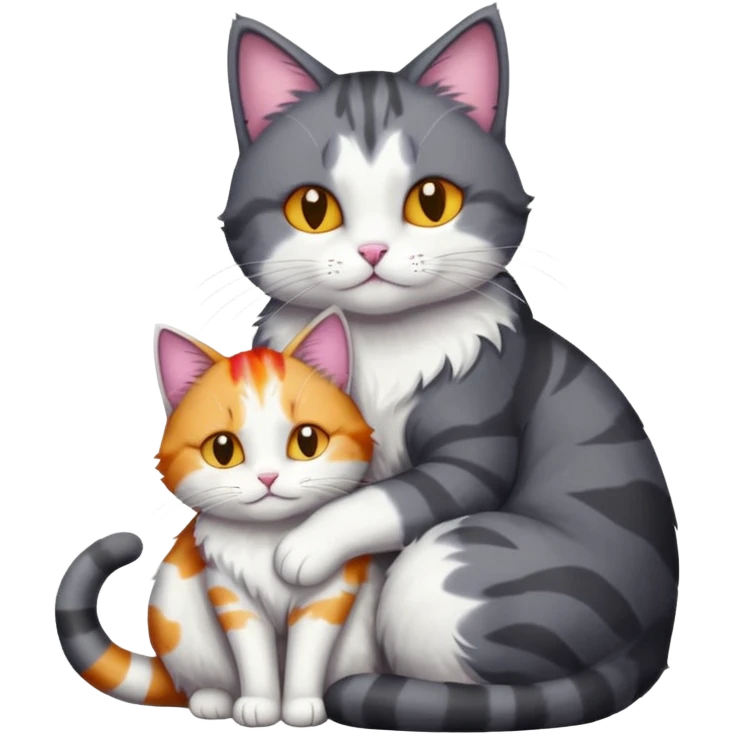 full body large dark grey and white cat cuddling a colourful light patched calico + white tabby cat  emoji