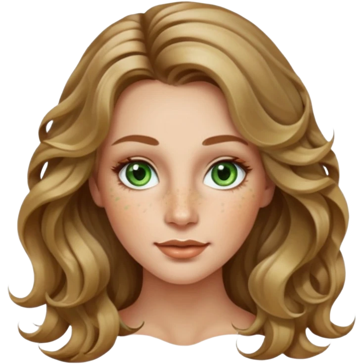 creative women with long dark Blond with highlights wavy hair white women, oval shape face green hazel eyes long lashes freckles on the nose high cheek bones emoji