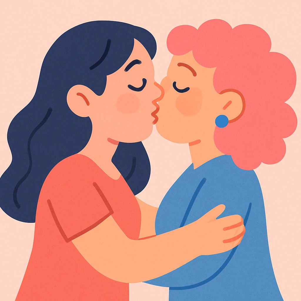 two women kissing, soft pastel cartoon style emoji