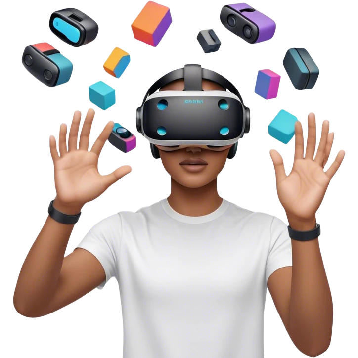 Create an emoji for the creation of VR/AR technology. Show a designer's hands holding a VR headset or AR glasses, with floating 3D models or virtual objects being manipulated in the air. Use modern, tech-inspired colors. Do not include any emojis or smiley faces. Make the background transparent. emoji