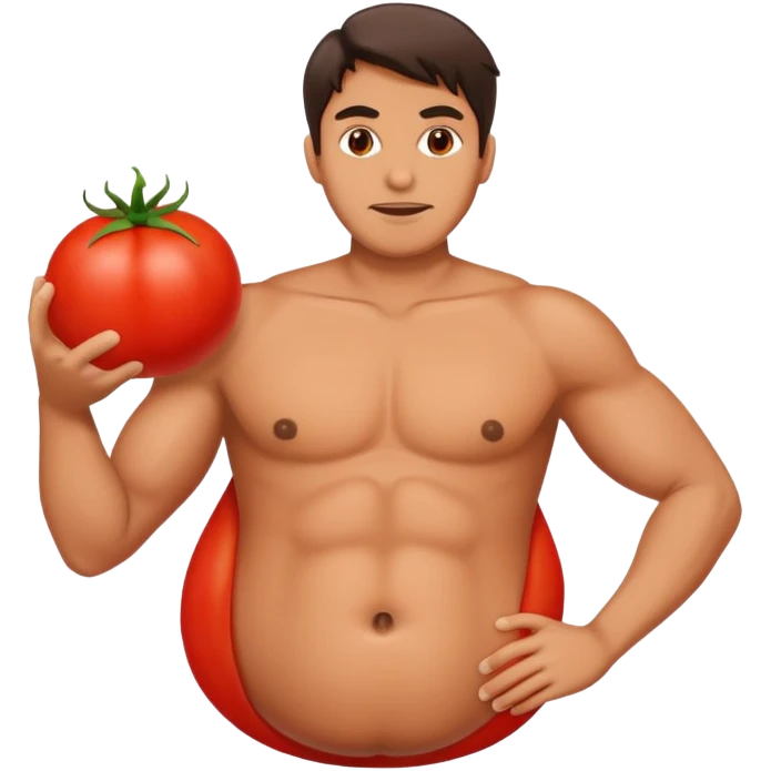 man with a large red tomato instead of a belly emoji