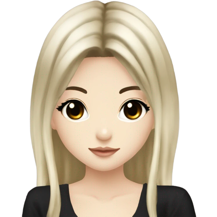 hime gyaru girl with LONG SILKY BLACK HAIR, with black satin halter top with chest, very pale skin and pretty brown monolid eyes emoji