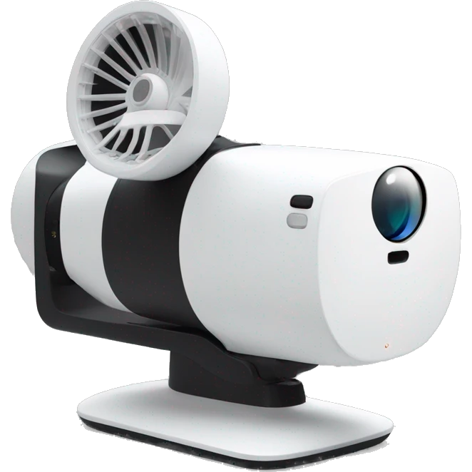 A sleek, modern white projector with a cylindrical body, black front lens, and a U-shaped stand for angle adjustment. Minimalist and futuristic design. emoji