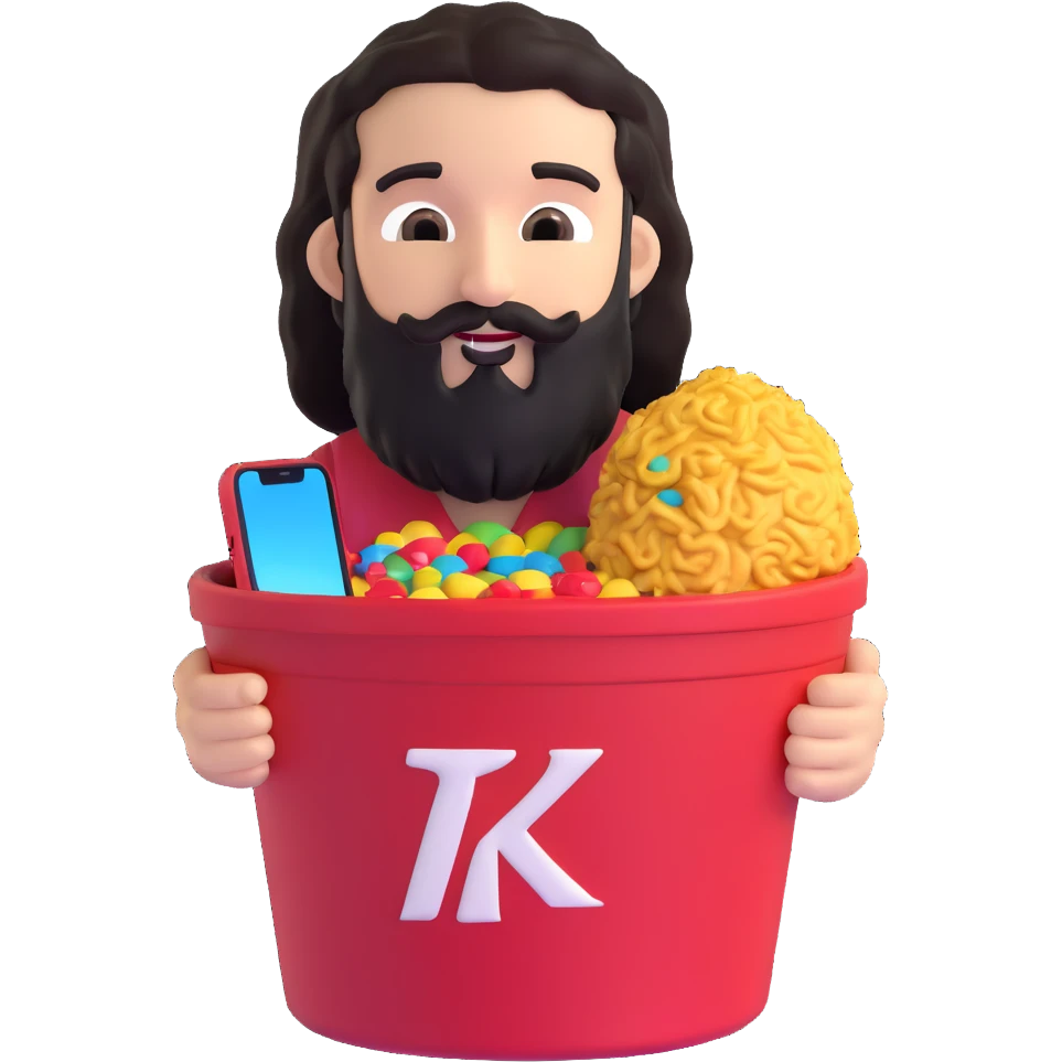 KFC bucket with a green M&M character sitting inside it, the M&M has a black beard, curly hair, and is holding an iPhone emoji