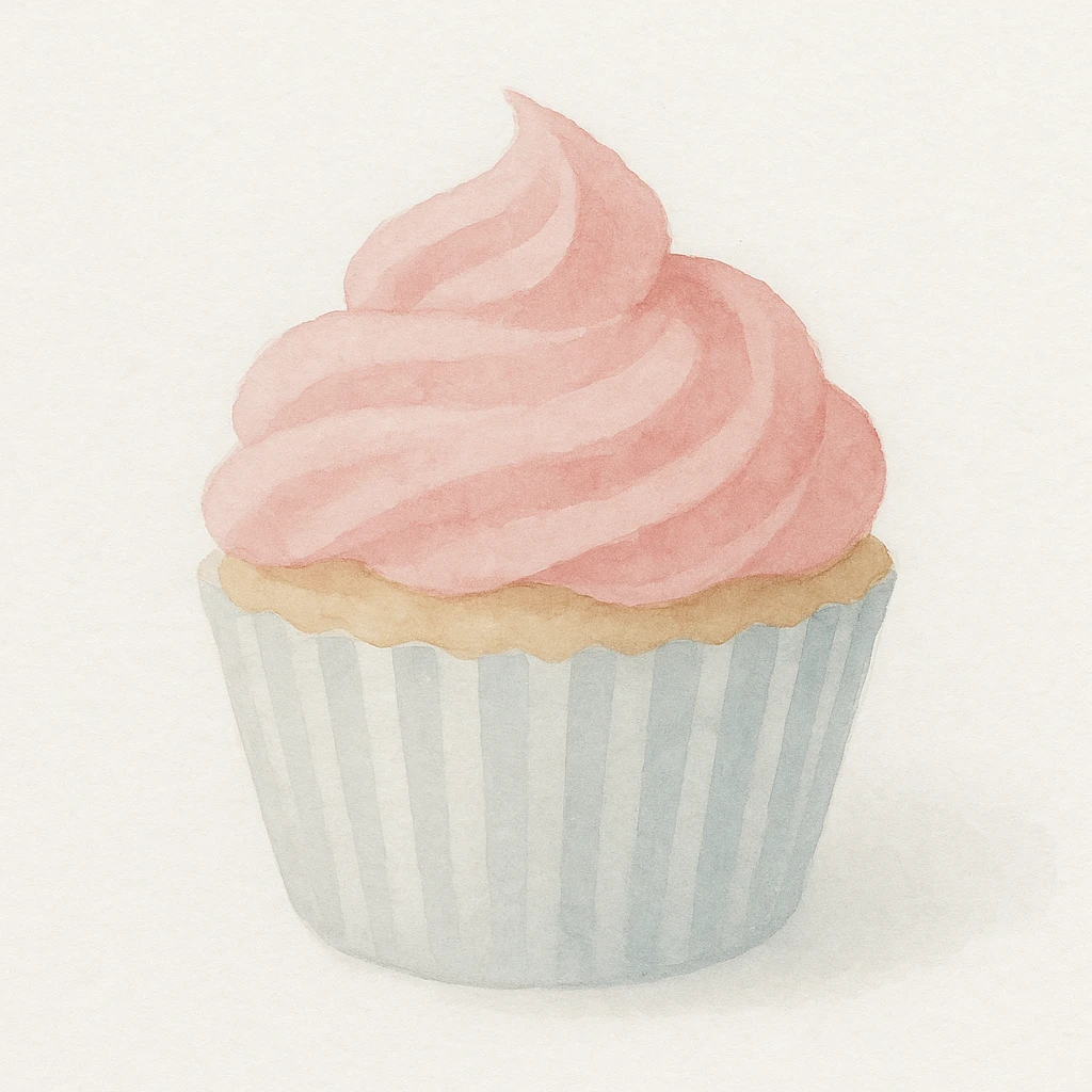 cupcake with pink icing in a striped wrapper, subtle color blending, artistic texture, watercolor art style emoji
