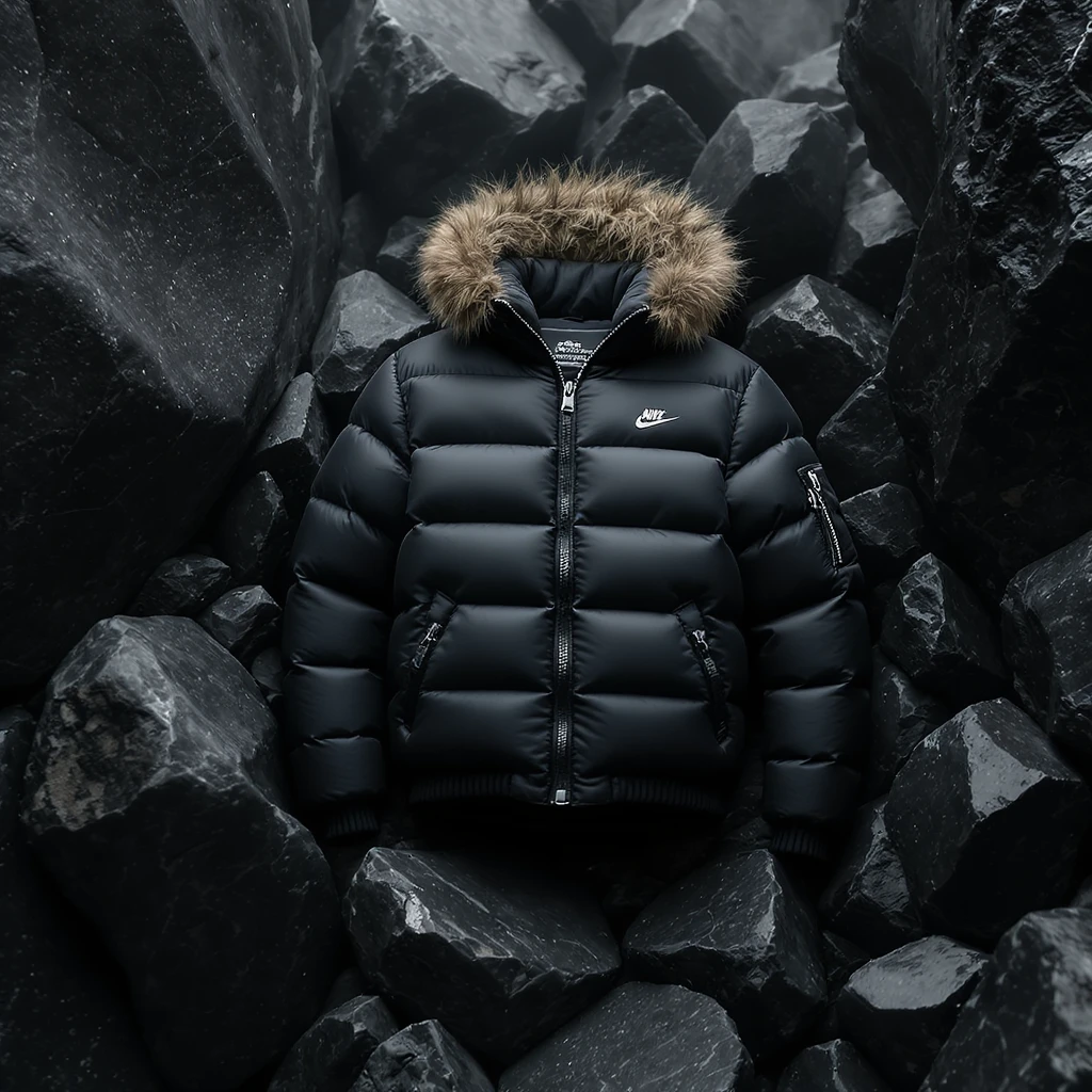 cinematic still of a black puffer jacket around black stone environment emoji