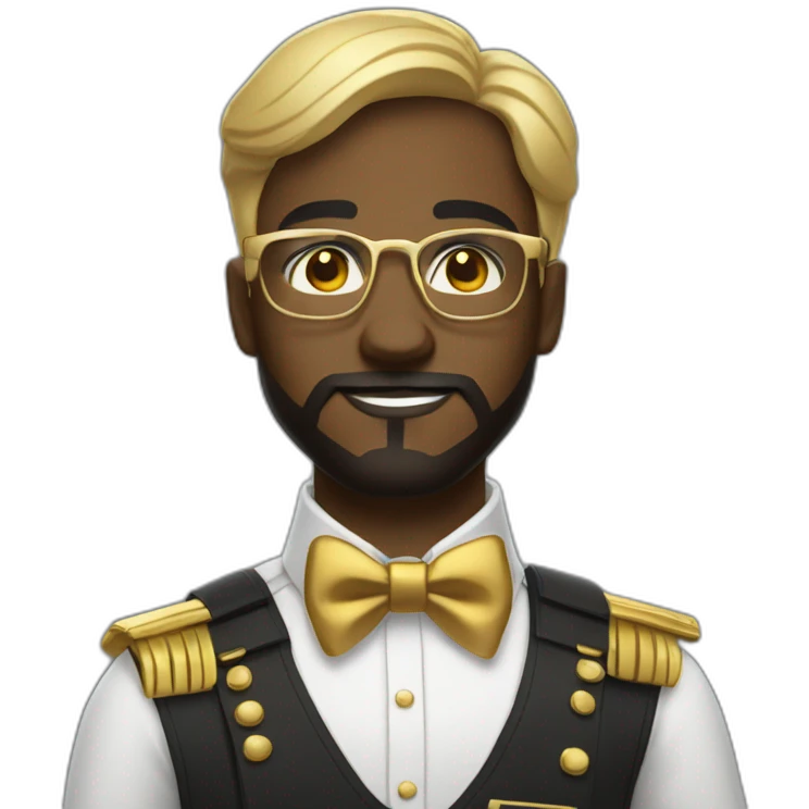 black soldier with beard, part in hair, white collared shirt, bow tie, gold glasses, bulletproof vest  emoji
