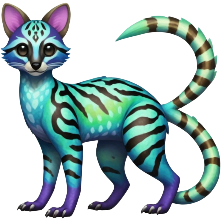 Rare realistic neon-colored iridescent shiny warm-colored lush tropical exotic cute edgy epic pretty beautiful handsome gorgeous aesthetic colorful vibrant Vernid-Protogen-Primagen-Wickerbeast-Genet-Trico-species-Fakemon-hybrid-creature by LiLaiRa, beautiful intricate markings, full body emoji