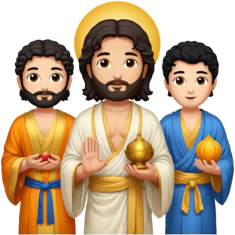 Create a Jesus, Krishna, and Buddha standing together. Jesus: long wavy dark-brown hair, short beard, wearing a simple white robe. 

 emoji