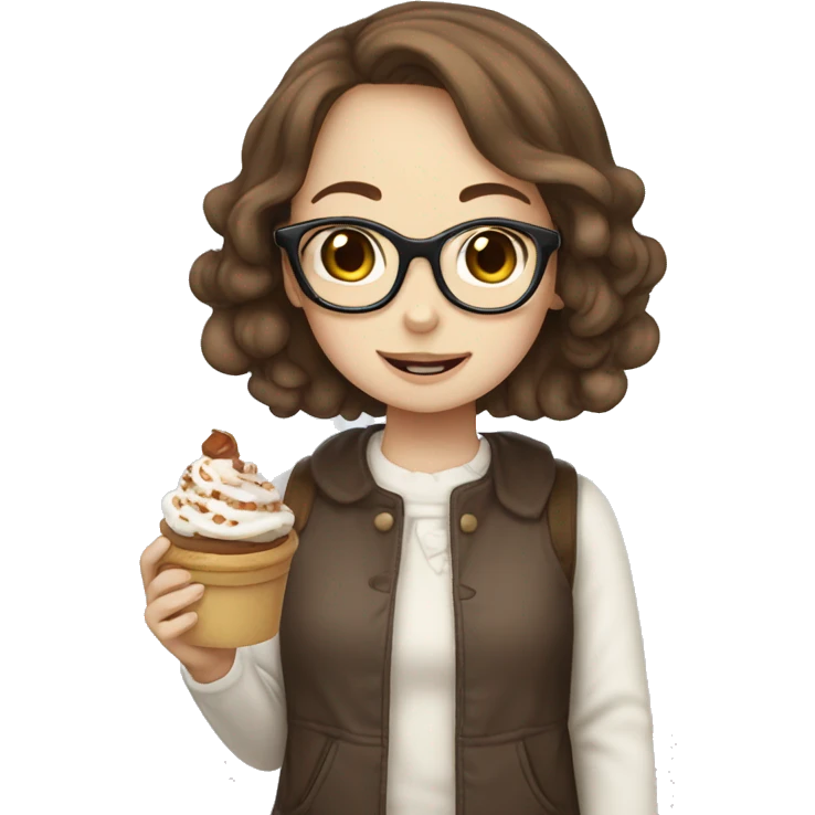 Girl with glasses brown hair brown features , eating cinnamoroll emoji