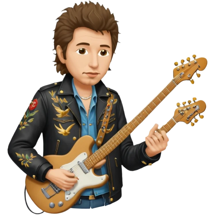 realistic cinematic bob dylan, unshaven and long haired, in a motor jacket embroidered with bronze cranes, plays an electric guitar emoji