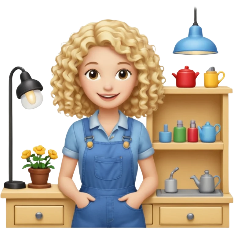 smiling blonde curly woman arranging furniture in doll house with overalls emoji