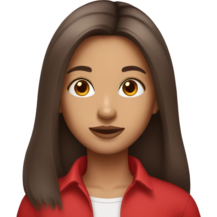 woman emoji light to medium skin, straight long dark brown hair with middle part red shirt  emoji
