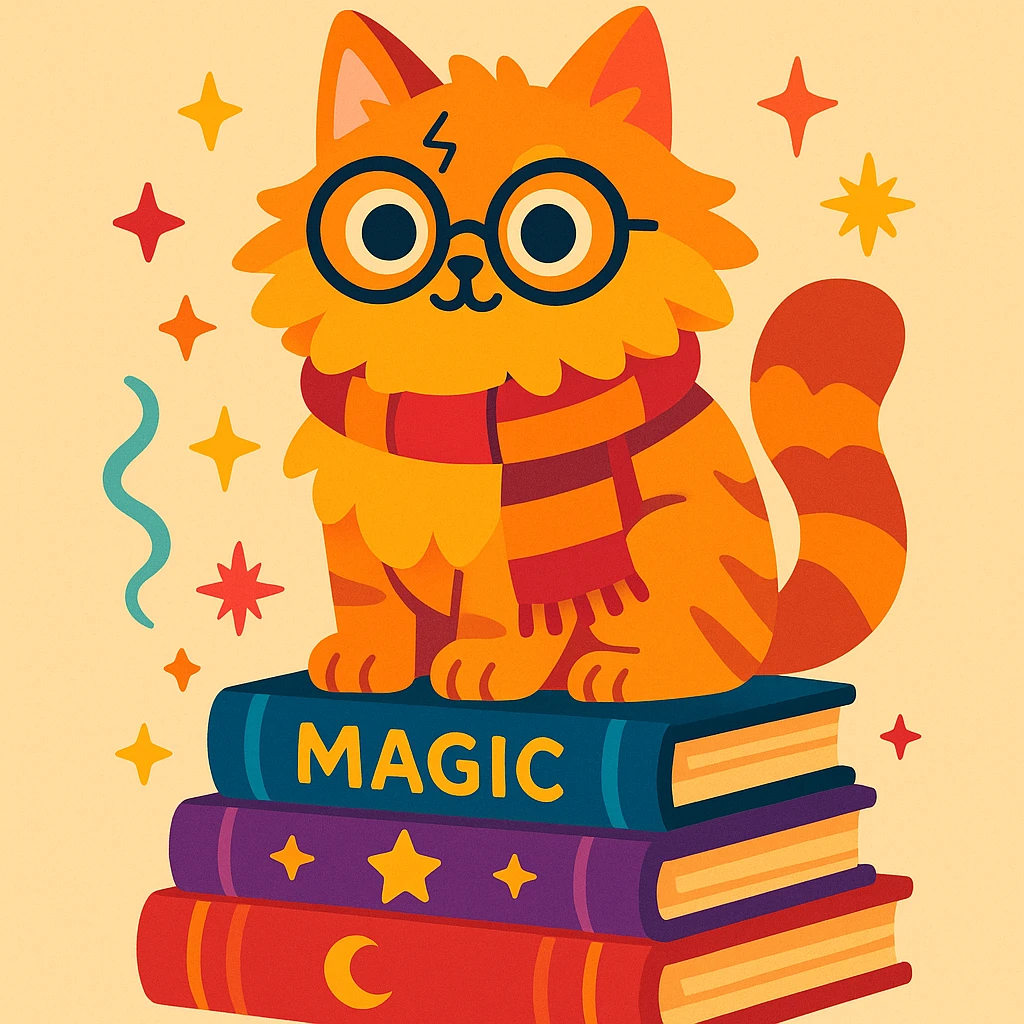a fluffy cat with Harry Potter glasses and scarf sitting on a stack of magical books, whimsical style emoji