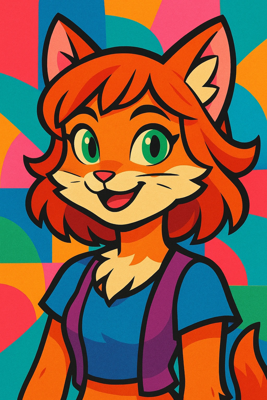 fantasy girl-cat hybrid, with expressive cat eyes, soft fur accents, and a friendly smile, vibrant colorful illustration style emoji