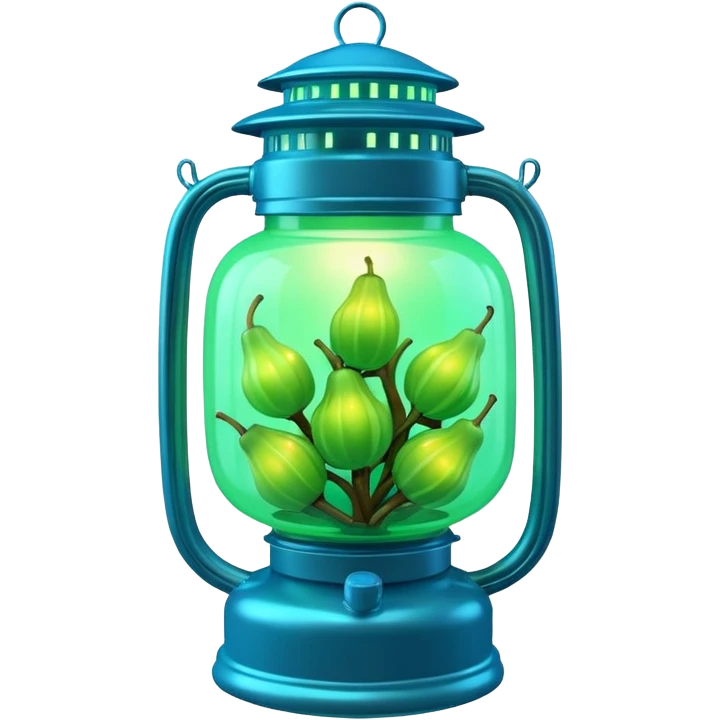 3D render of Lantern Fruit, bioluminescent deep sea style, glowing neon blue and green lights, dark background to contrast the glow, translucent organic textures. emoji