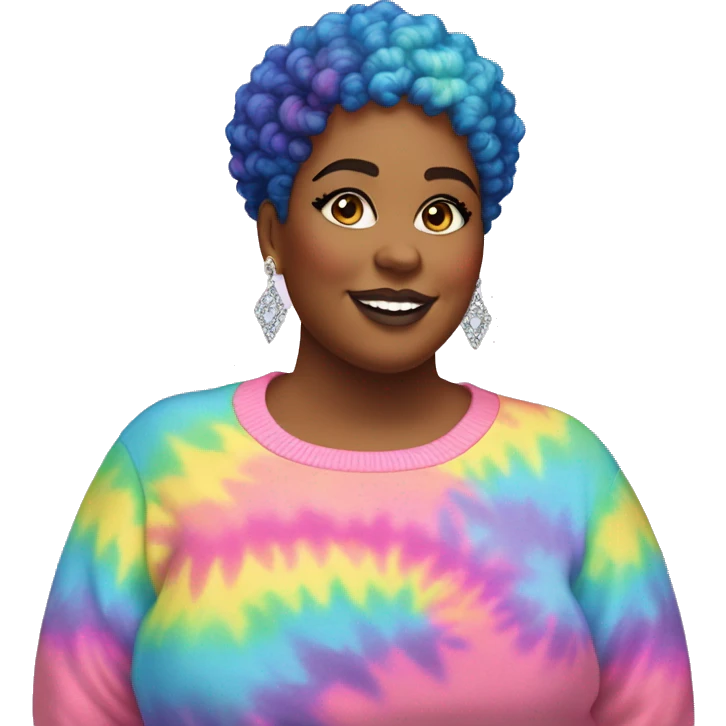 Plus size black woman with pink curly pixie cut hair and a rainbow tie dye sweater , and diamond earrings  emoji