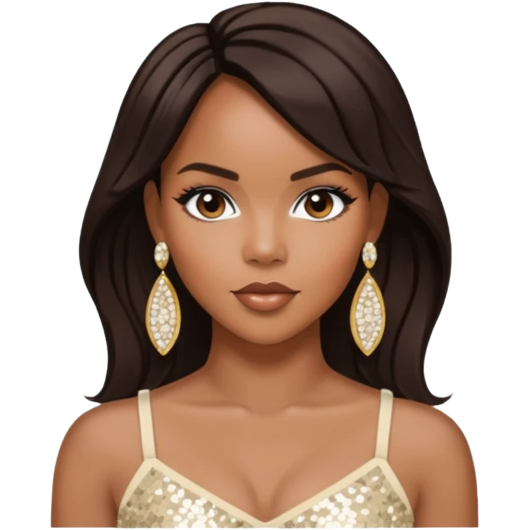 LeToya Luckett with long dark brown hair, ivory sequin crop top, ivory earring emoji