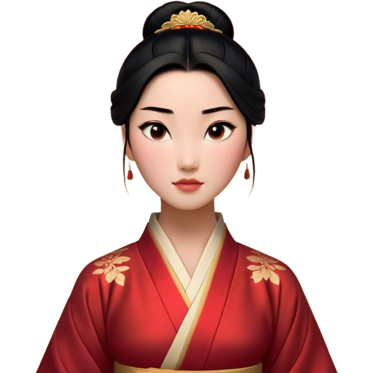 Cinematic Realistic Noble Mulan Portrait, depicted with lifelike, warm light-toned skin that reveals subtle texture and natural shadows. Her sleek black hair is intricately styled into a traditional bun with every strand rendered in exquisite detail, and her almond-shaped eyes, full of quiet resolve, are softly illuminated. She wears a meticulously detailed traditional robe with delicate red and gold accents, its rich fabric textures and gentle folds catching the light beautifully. The portrait radiates a natural, enchanting glow, capturing Mulan’s inner strength and timeless grace in a realistically painterly style. emoji