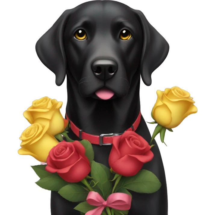 Black lab with red and pink collar holding a bouquet of yellow roses  emoji