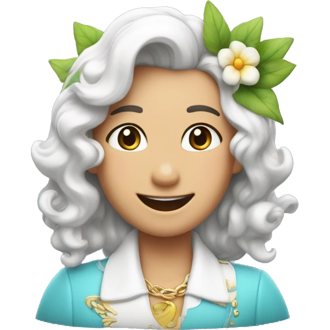 Uniconio sonriente de pelo celeste y piel blanca con un collar de flor de colores emoji