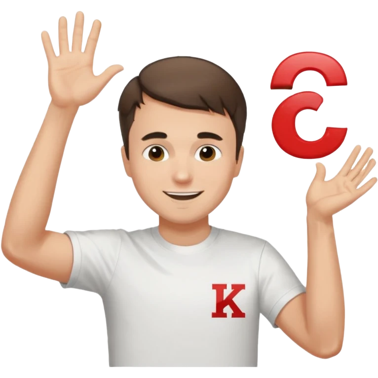 Charlie Kirk with a Charlie Chaplin mustache with a white freedom shirt while throwing up the letters c and k emoji