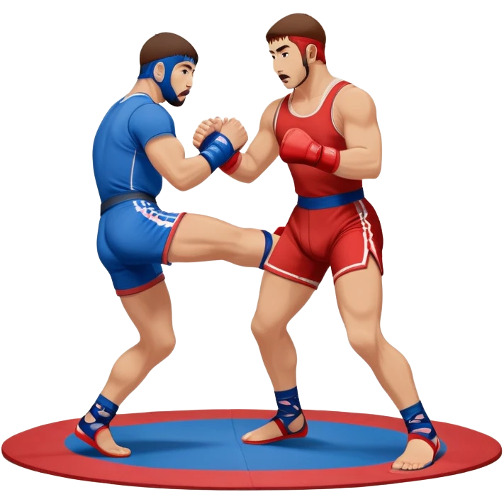 Two Sambo fighters in blue and red gis with shorts and wrestling shoes, executing gripping and throwing techniques. The fighters are engaged in a dynamic, action-packed moment with no strikes. The background features a wrestling mat, focusing on the technique and control. Transparent background  emoji