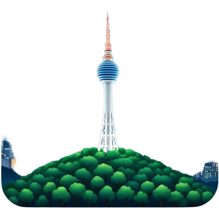 Cinematic Realistic N Seoul Tower Landmark Emoji, featuring the iconic tower perched atop Namsan Mountain, glowing against the night sky with panoramic city lights stretching beyond. emoji