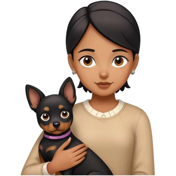 A girl holding a black dog with upright ears emoji
