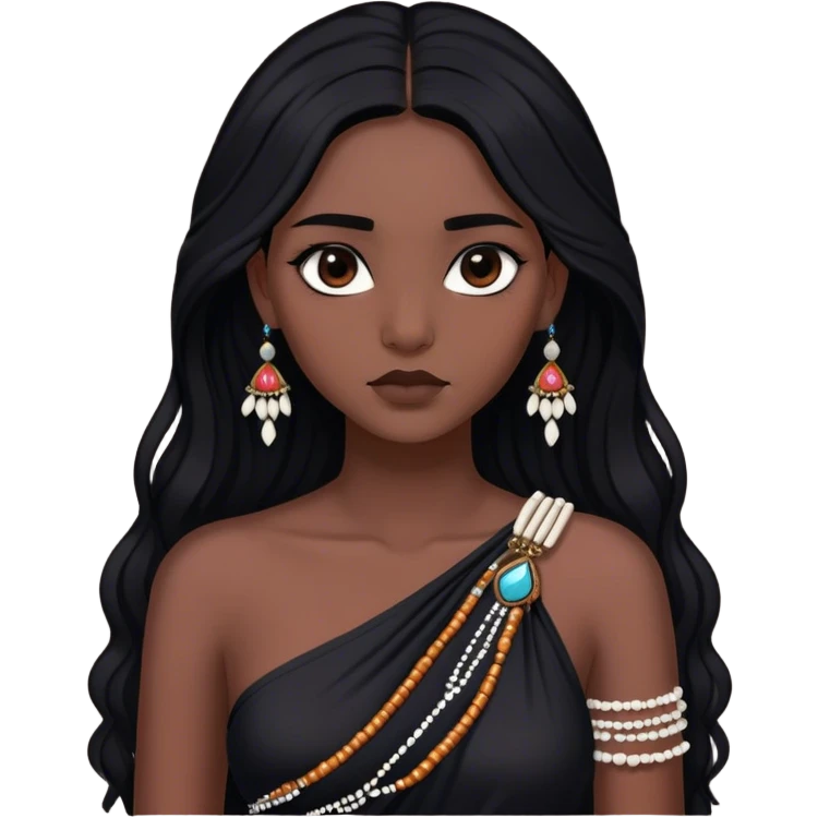 Cinematic Realistic Pocahontas Portrait, depicted with lifelike skin texture, soft natural lighting, and intricately detailed long, flowing raven-black hair that moves gracefully in the wind. Her deep, soulful dark brown eyes exude wisdom and strength, complemented by a serene yet powerful expression. She is shown gently holding a feather in one hand, her other hand resting lightly at her side, embodying the harmonious balance between nature and herself. She is dressed in her classic one-shoulder native American dress, with rich fabric textures and delicate beaded details that catch the light beautifully. The portrait features a soft, sun-kissed glow with a natural, radiant finish, capturing the essence of untamed beauty and deep connection to nature in a realistic and painterly style, evoking a sense of depth and authenticity. emoji