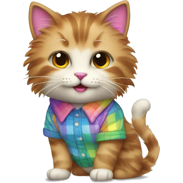 fluffy cat with colorful rainbow fur in a checkered shirt emoji