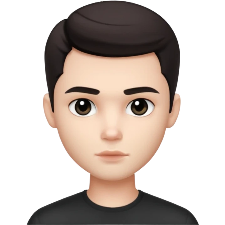 Very pretty handsome bratz man,  short dark hair, has black eyes , pale skin, defined jawline emoji