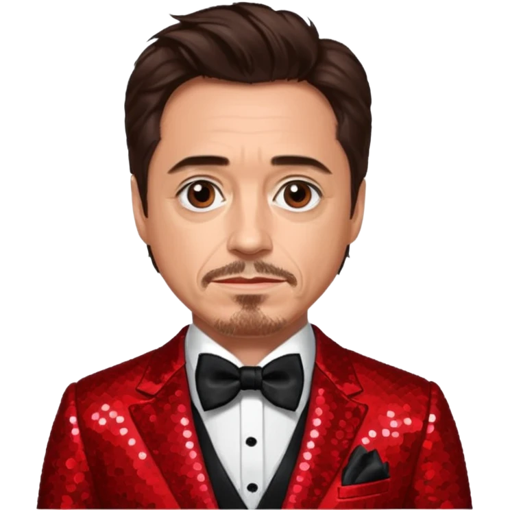 Robert Downey Jr with dark brown hair, red sequin suit with bow tie emoji