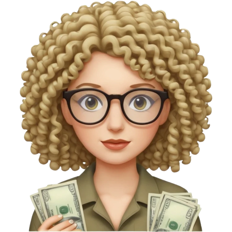 curly haired white woman with glasses surrounded by cash emoji