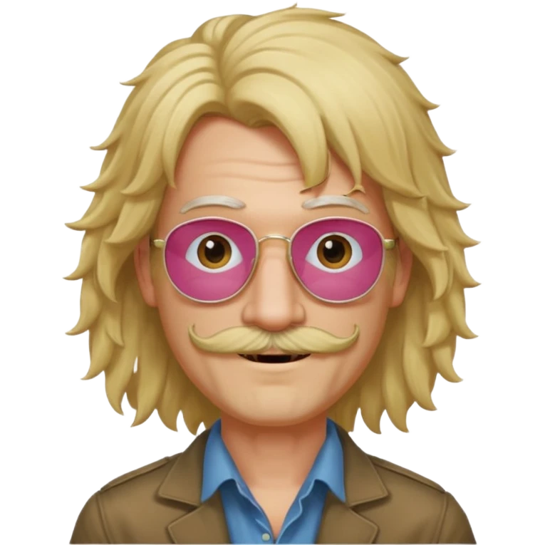 slender man with rose-colored glasses no lenses, frizzy blonde Joe Dirt wig, scruffy thin beard and mustache, smiling emoji
