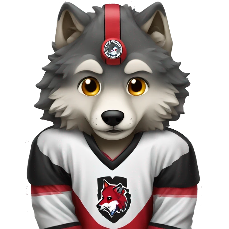 A wolf in a red black and white hockey uniform with a wolf emblem emoji