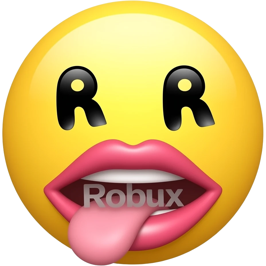 yellow face with 'R' shaped eyes and mouth with pink lipstick open, word'Robux' flowing out emoji