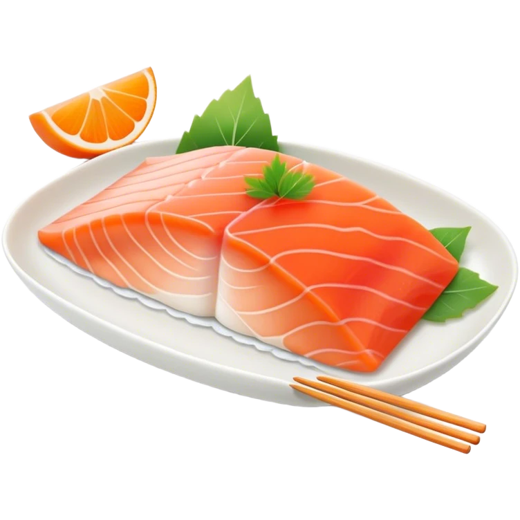 Cute Kawaii Sashimi Slice, delicate and fresh, bright orange salmon with soft pastel textures, an adorable happy face, tiny chopsticks lifting it, gentle glowing highlights! emoji