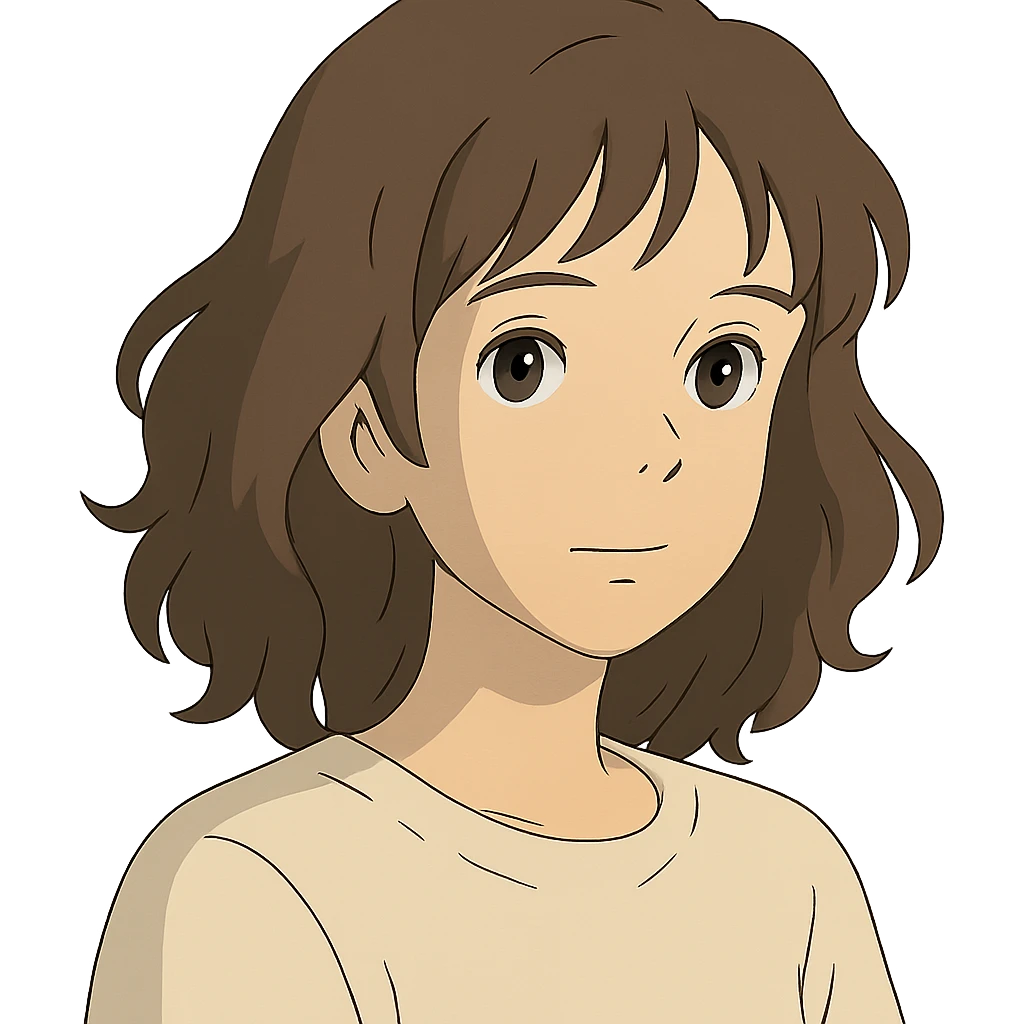 portrait of an Asian girl with medium brown wavy hair and brown eyes, paler skin tone, ghibli style emoji