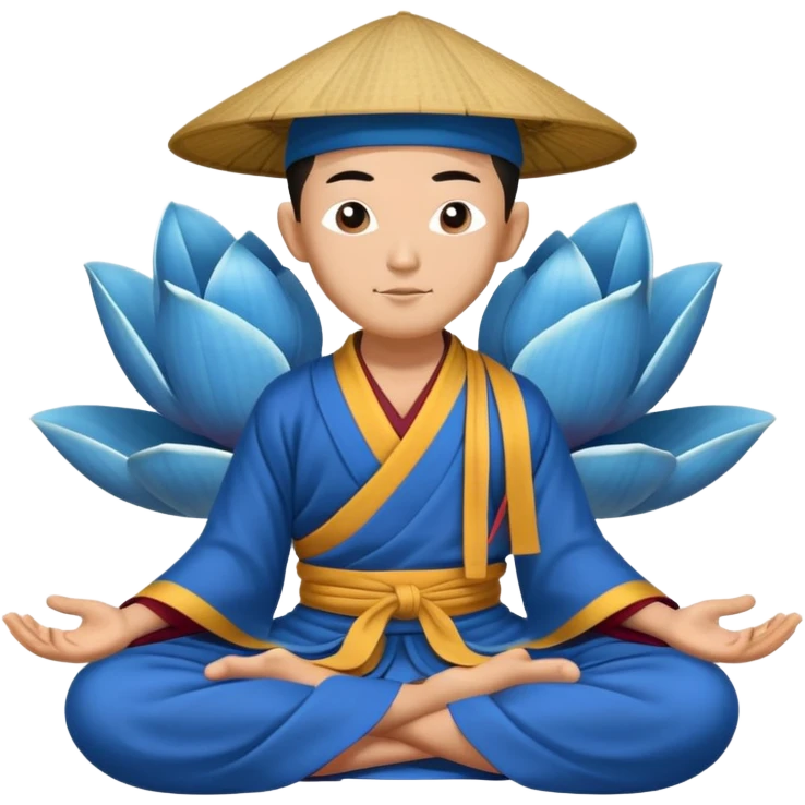Tibetan monk in Asian hat floating in lotus pose in blue kimono emoji