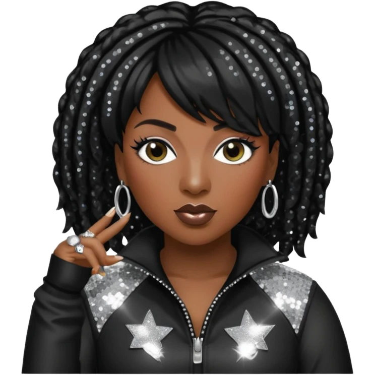 Missy Elliott with jet black hair, black sequin outfit emoji