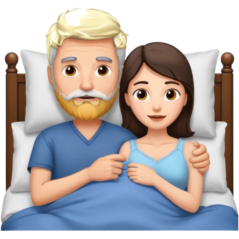 Grey haired man with beard, and brunette woman in bed  emoji