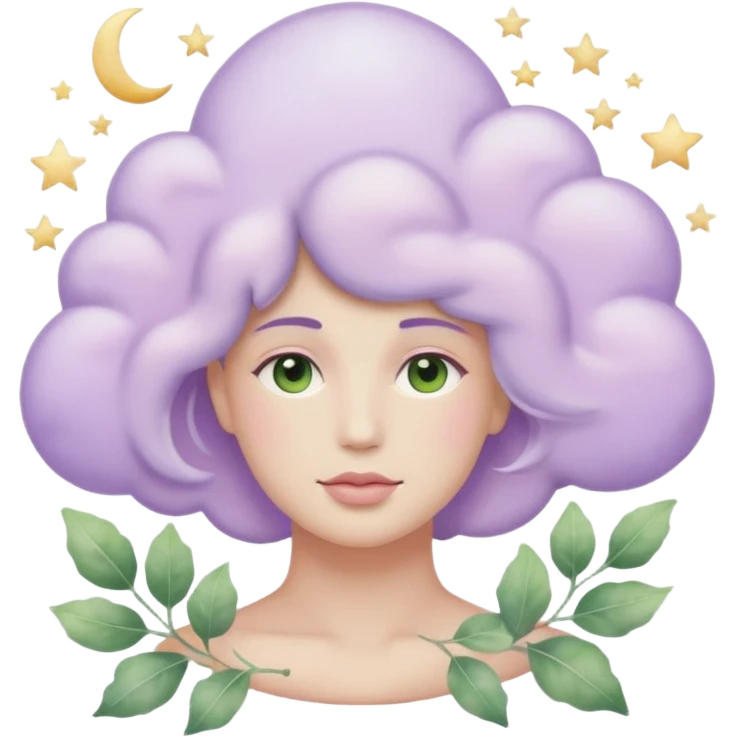 watercolor-style emoji of a human head silhouette with “AI” inside a lilac cloud, connected to a soft circuit shape. gentle pastel palette (sage green, blush, lilac), surrounded by leaves, moon, and stars — poetic and calm aesthetic. emoji