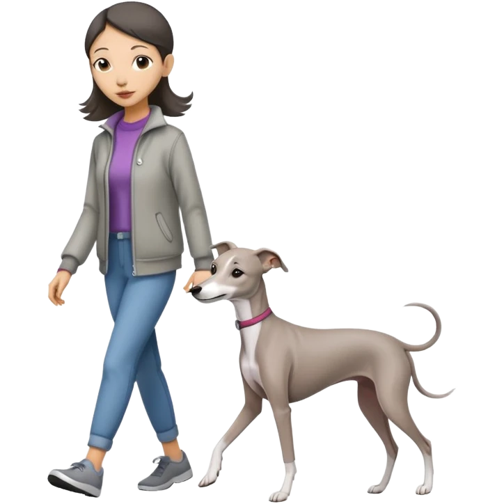 Asian girl walking an all grey Italian greyhound emoji
