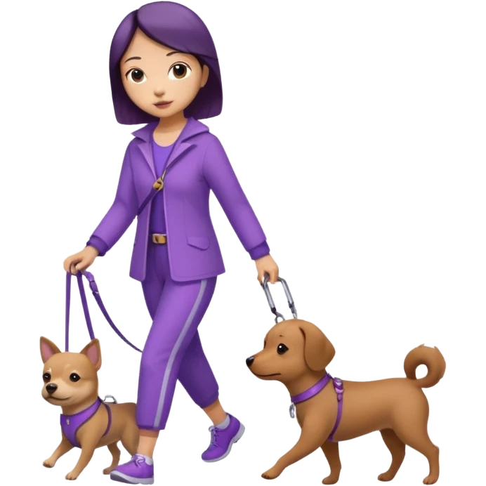 Chinese woman wearing purple outfit walking one small brown dog emoji